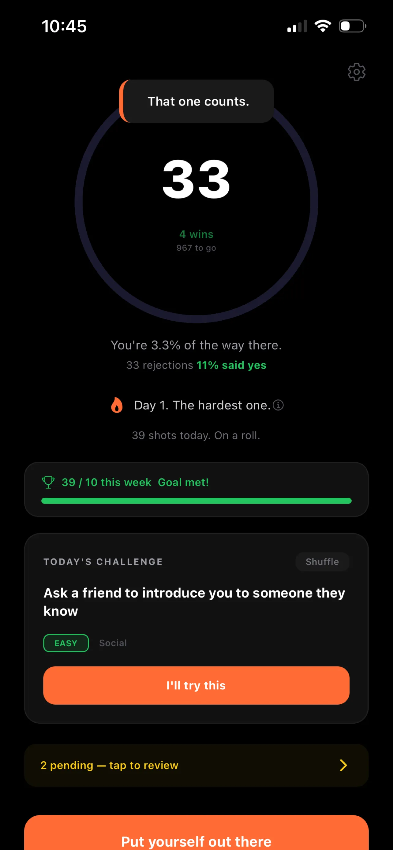 Main dashboard showing rejection counter at 33 with daily challenge