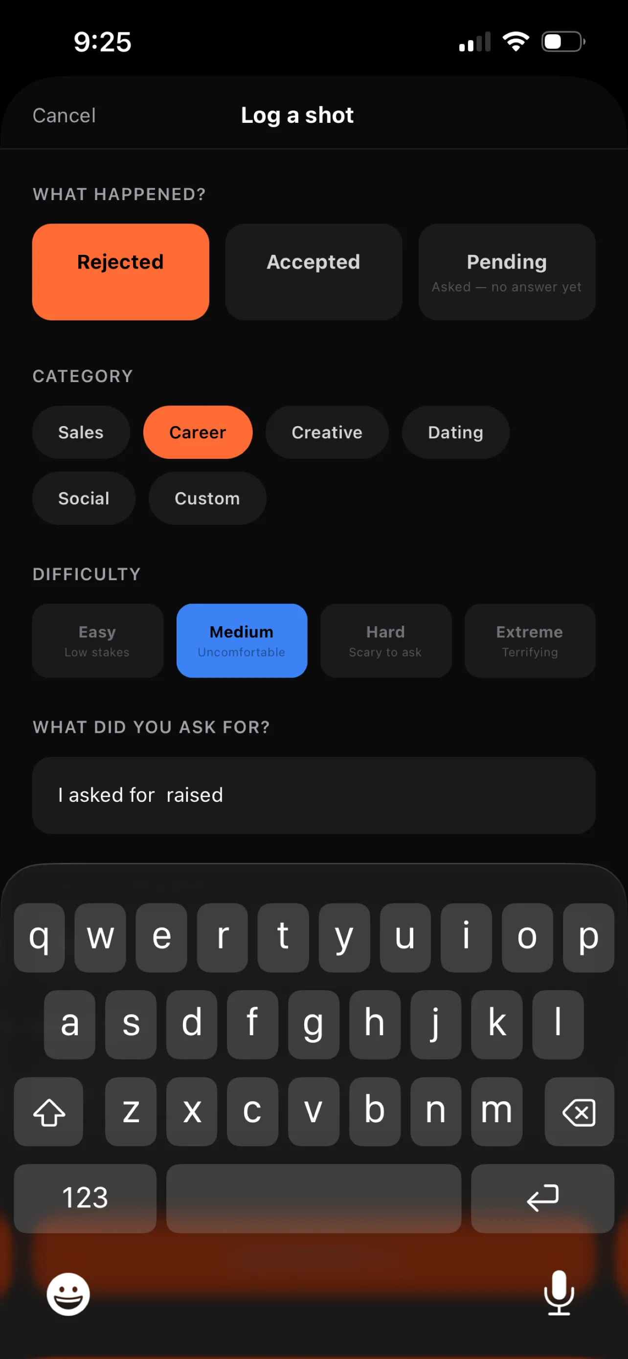 Log a rejection in 3 taps with category and difficulty